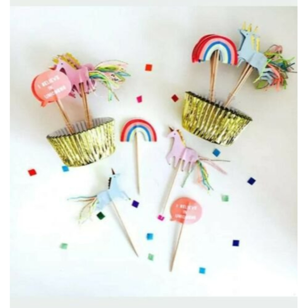 Meri Meri Unicorn cupcake toppers paper liners baking cups rainbow stars 24 ct